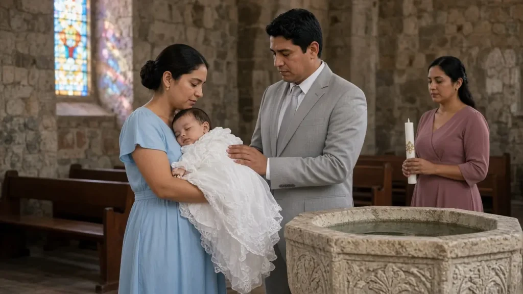 Mother holding her baby in a white lace christening gown beside a stone baptismal font with the father and godmother in a church