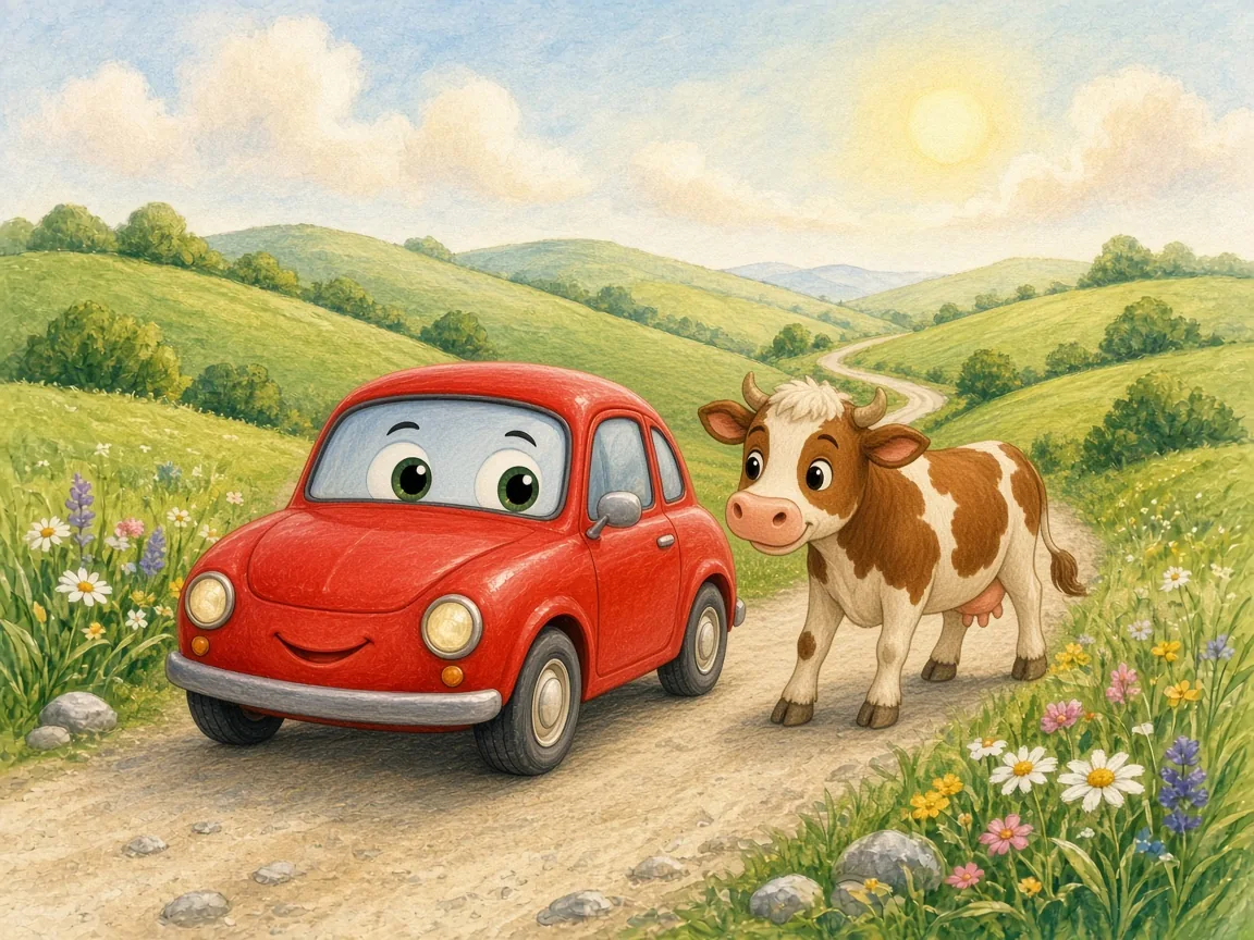 Beep Beep, Little Red Car: little Red Car waiting politely on a country road while a gentle brown-and-white cow crosses in front of it