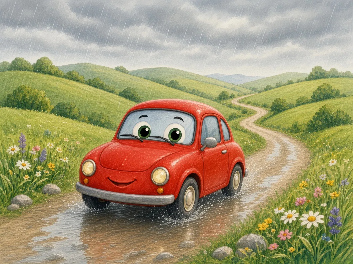 Beep Beep, Little Red Car: little Red Car driving through gentle rain, windscreen wipers going, splashing through a puddle