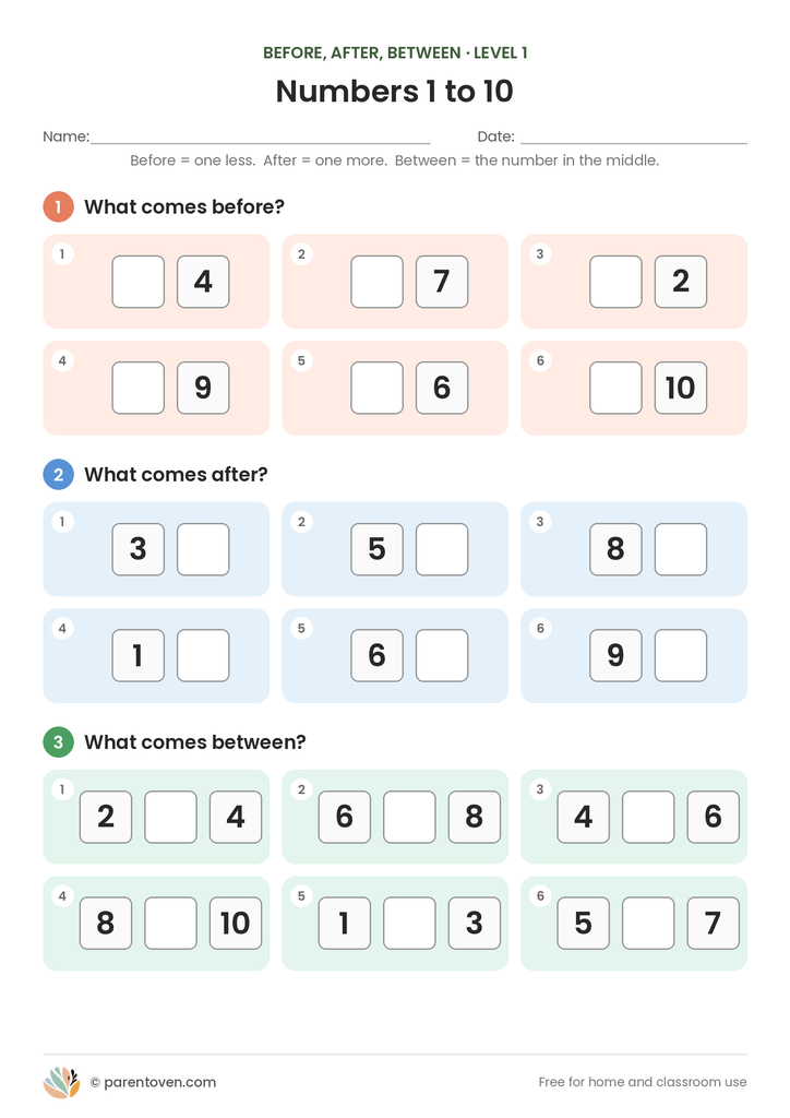 Before, After and Between Numbers worksheet level 1: six “what comes before”, six “what comes after” and six “what comes between” questions within 1 to 10