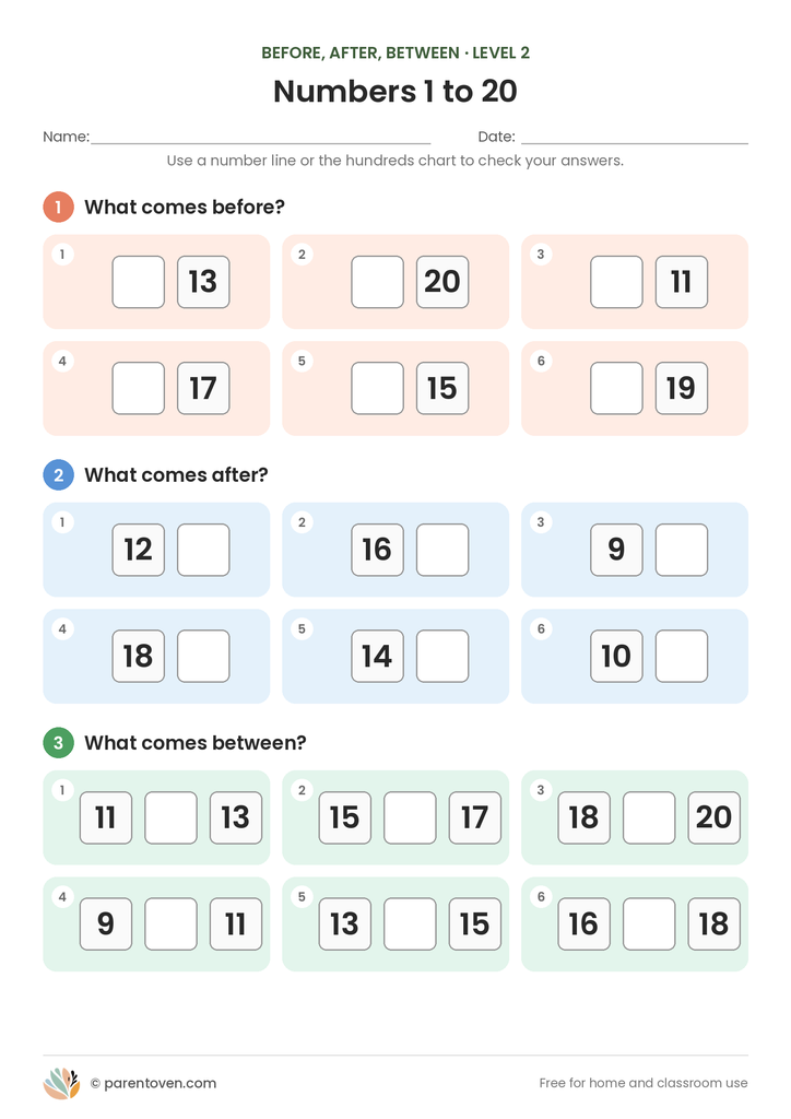 Before, After and Between Numbers worksheet level 2: the same three activities with numbers up to 20, including tricky changes such as 9 to 10 and 19 to 20