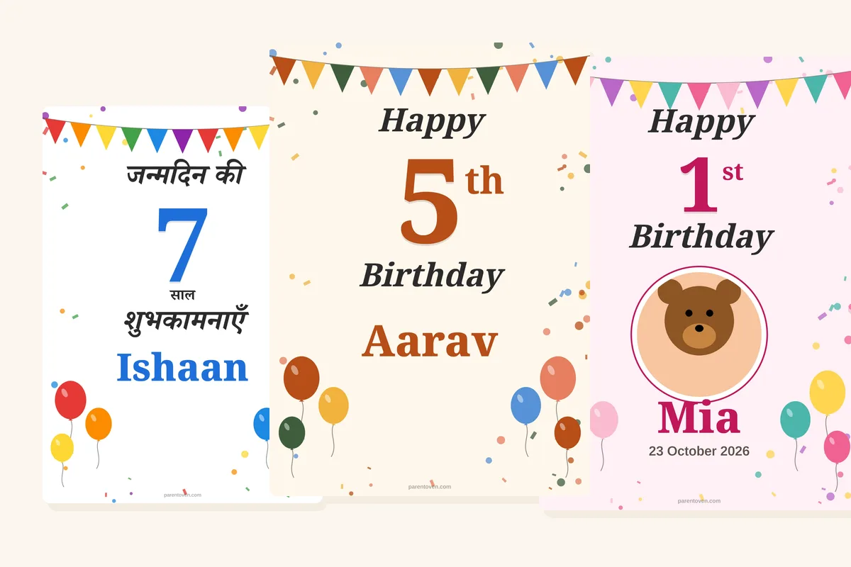 Birthday sign maker: Happy 5th Birthday Aarav, a Hindi birthday sign and a 1st birthday sign with a photo