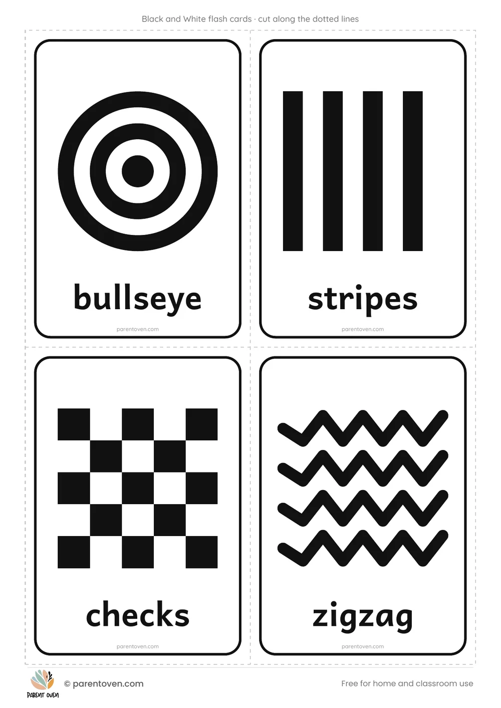 Black and White flash cards: 4 cut-out cards per page
