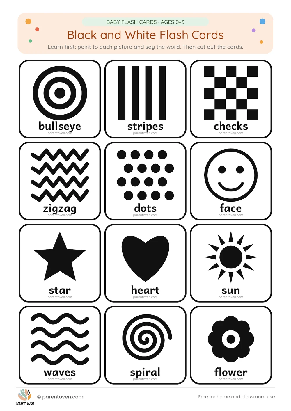 Black and White flash cards: learn-first chart of all 12 cards