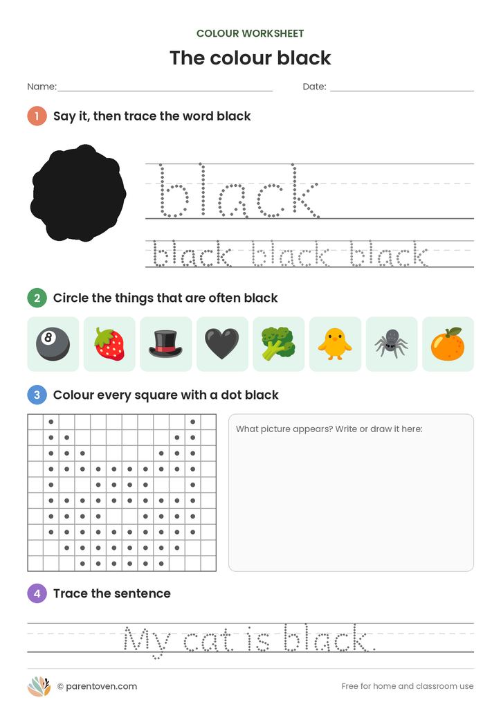 Colour black worksheet: trace the word black, circle the black things, colour the dotted squares to find a hidden cat and trace “My cat is black.”