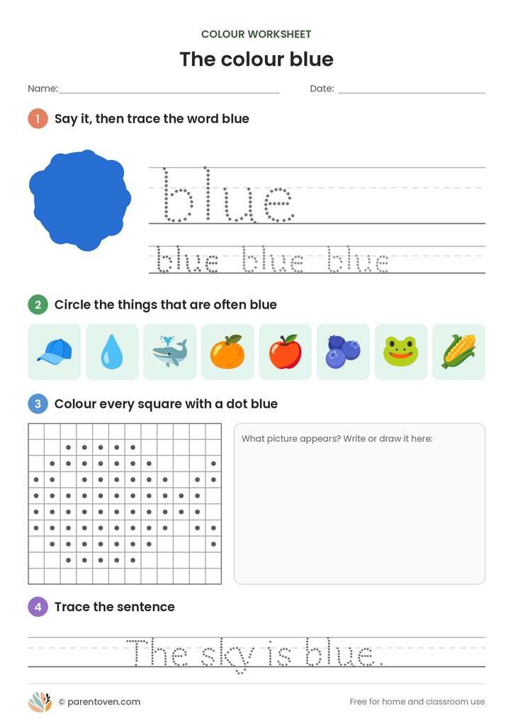 Colour blue worksheet: trace the word blue, circle the blue things, colour the dotted squares to find a hidden fish and trace “The sky is blue.”
