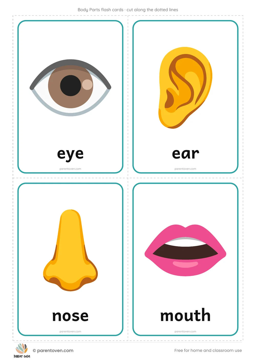 Body Parts flash cards: 4 cut-out cards per page