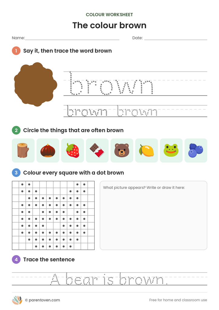 Colour brown worksheet: trace the word brown, circle the brown things, colour the dotted squares to find a hidden teddy bear and trace “A bear is brown.”