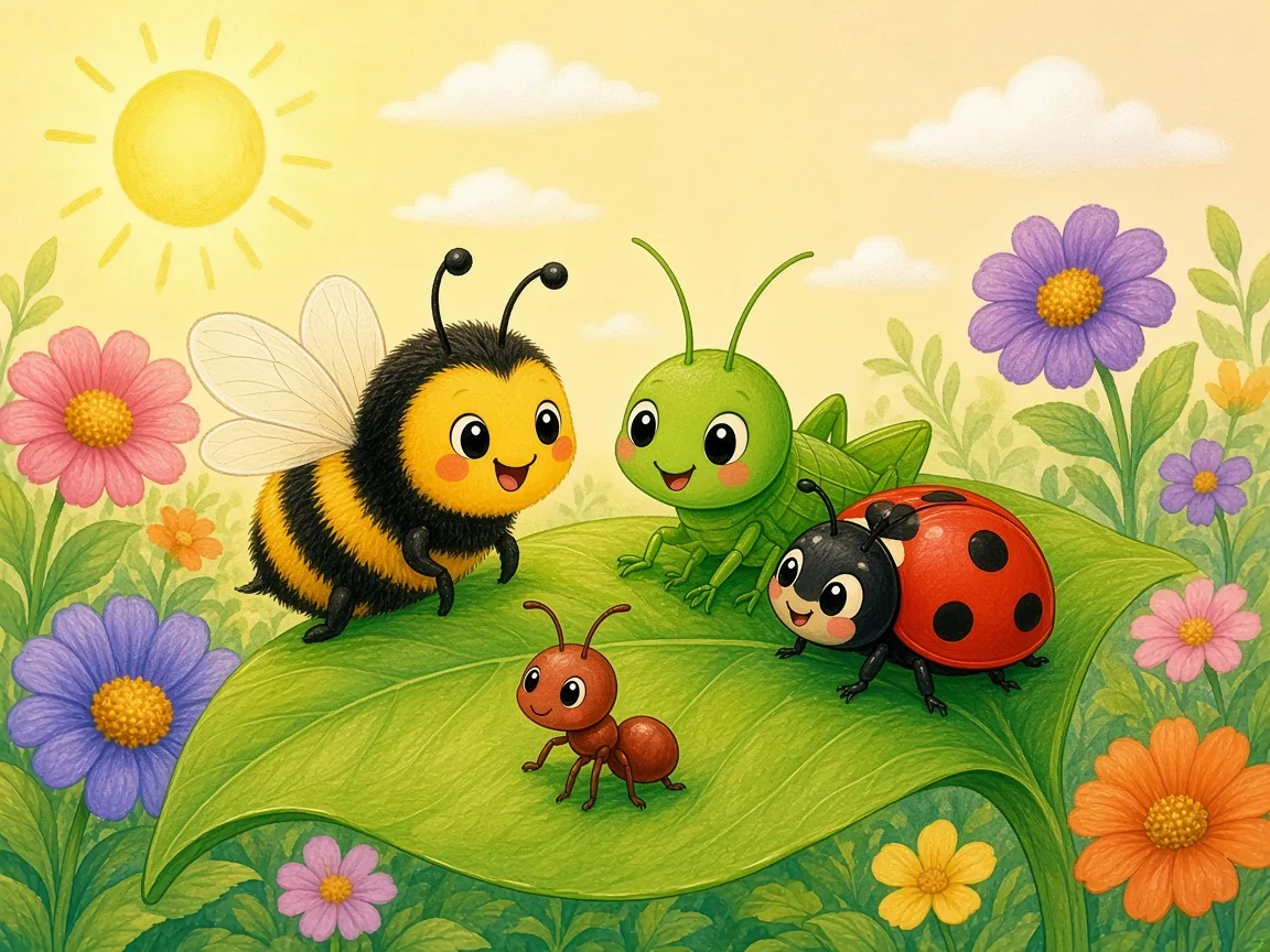 Bumble’s Garden Band: bumble, Cricket and Ladybird together on a leaf, with Tiny Ant looking up at them shyly from the ground