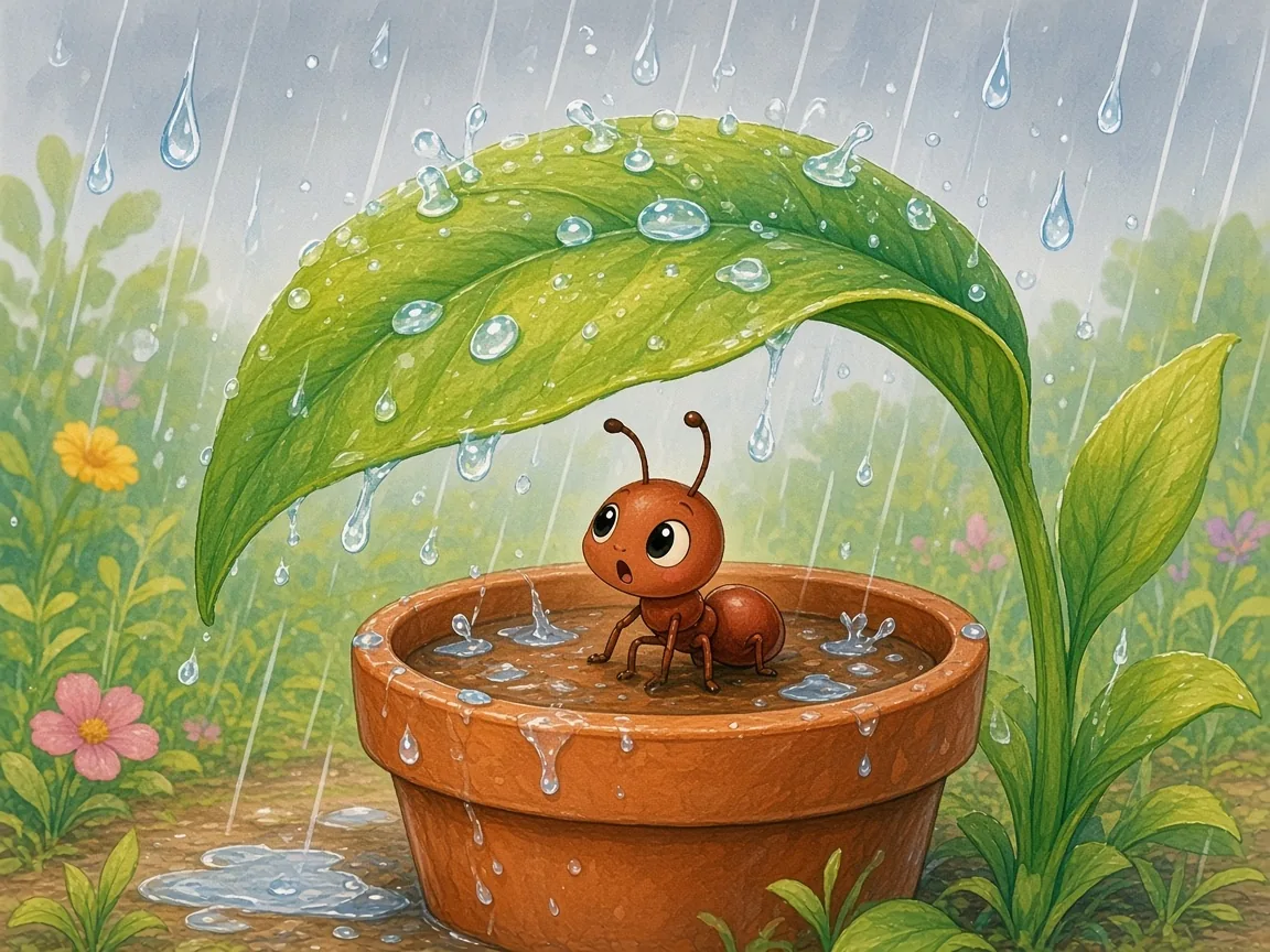 Bumble’s Garden Band: tiny Ant sitting under a big green leaf as raindrops land on the leaf and on an upturned clay flowerpot