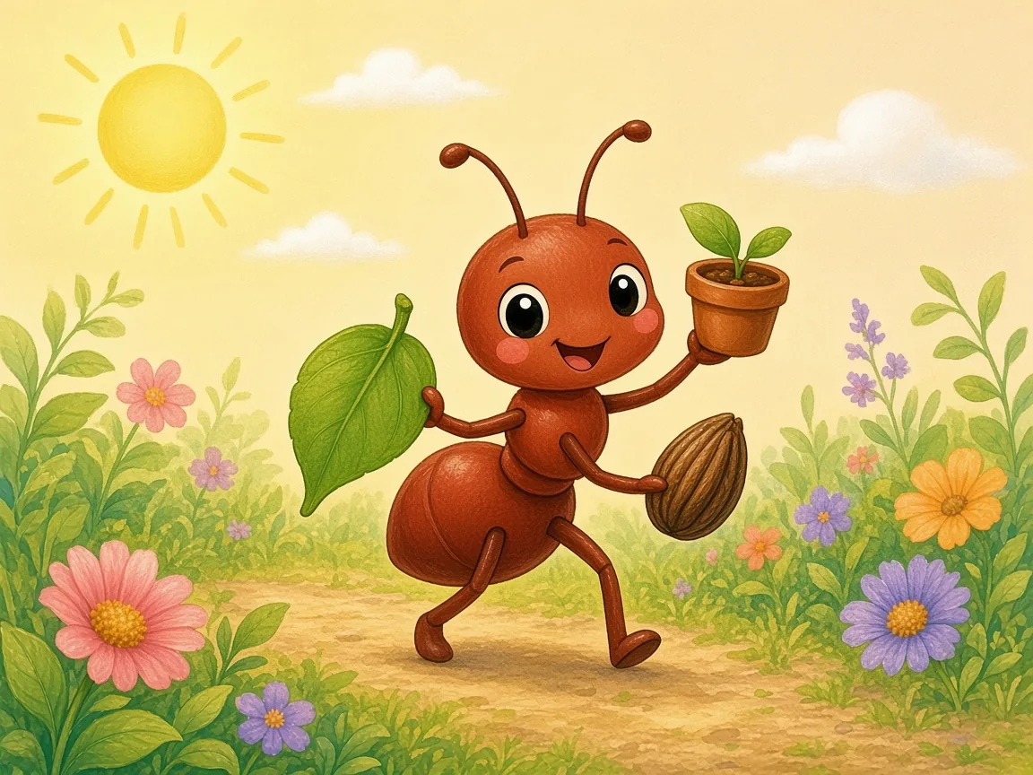 Bumble’s Garden Band: tiny Ant marching proudly carrying a leaf drum, a tiny flowerpot and a seed-pod shaker