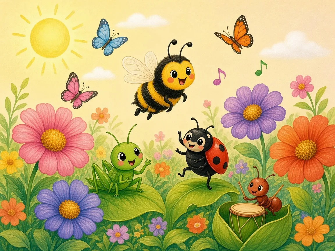 Bumble’s Garden Band: the whole garden band playing together, Bumble, Cricket, Ladybird and Tiny Ant drumming, butterflies dancing above the flowers