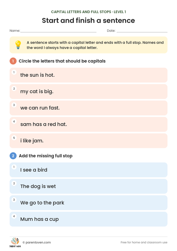 Capital Letters and Full Stops worksheet level 1: a rule box, five sentences where children circle the letters that should be capitals, and four sentences that need a full stop