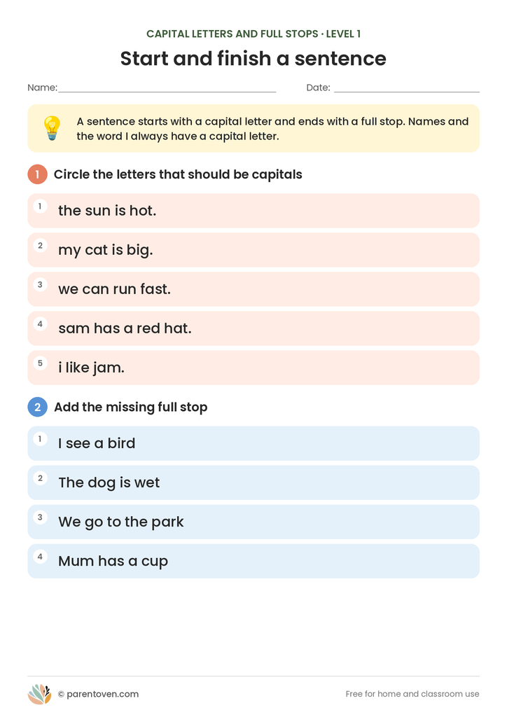 Capital Letters and Full Stops worksheet level 1: a rule box, five sentences where children circle the letters that should be capitals, and four sentences that need a full stop