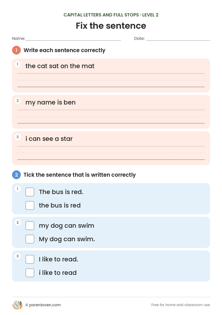 Capital Letters and Full Stops worksheet level 2: rewrite three sentences correctly on handwriting lines, then tick the correctly written sentence in three pairs