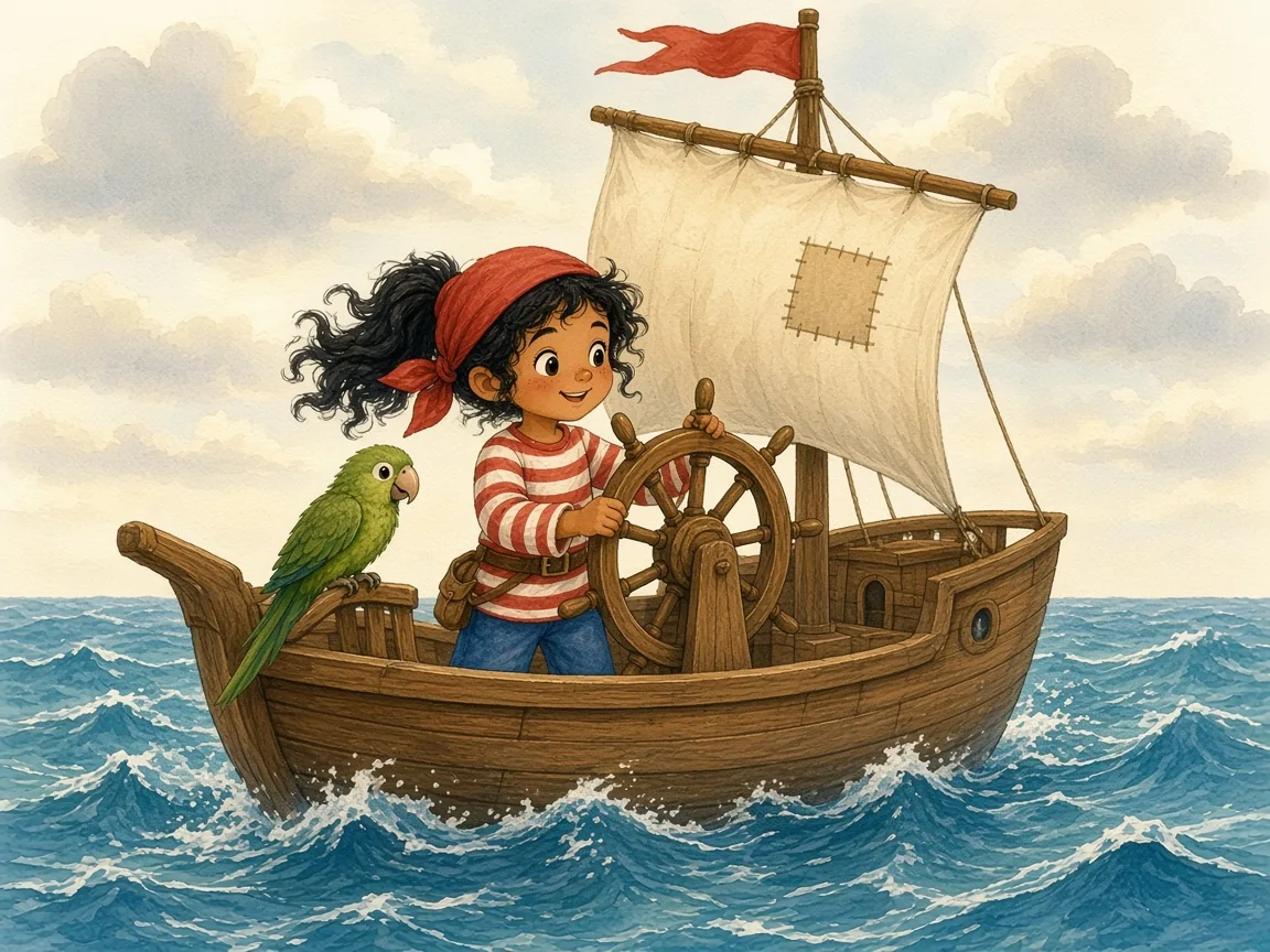 Captain Pip and the Upside-Down Map: the small wooden ship riding big rolling waves under grey clouds, Pip bravely holding the ship’s wheel, Pepper clinging on