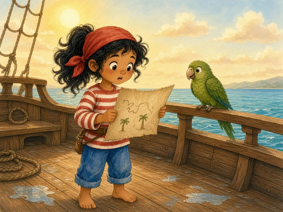 Captain Pip and the Upside-Down Map: pip on the ship deck turning the parchment map around with a surprised face, Pepper tilting his head
