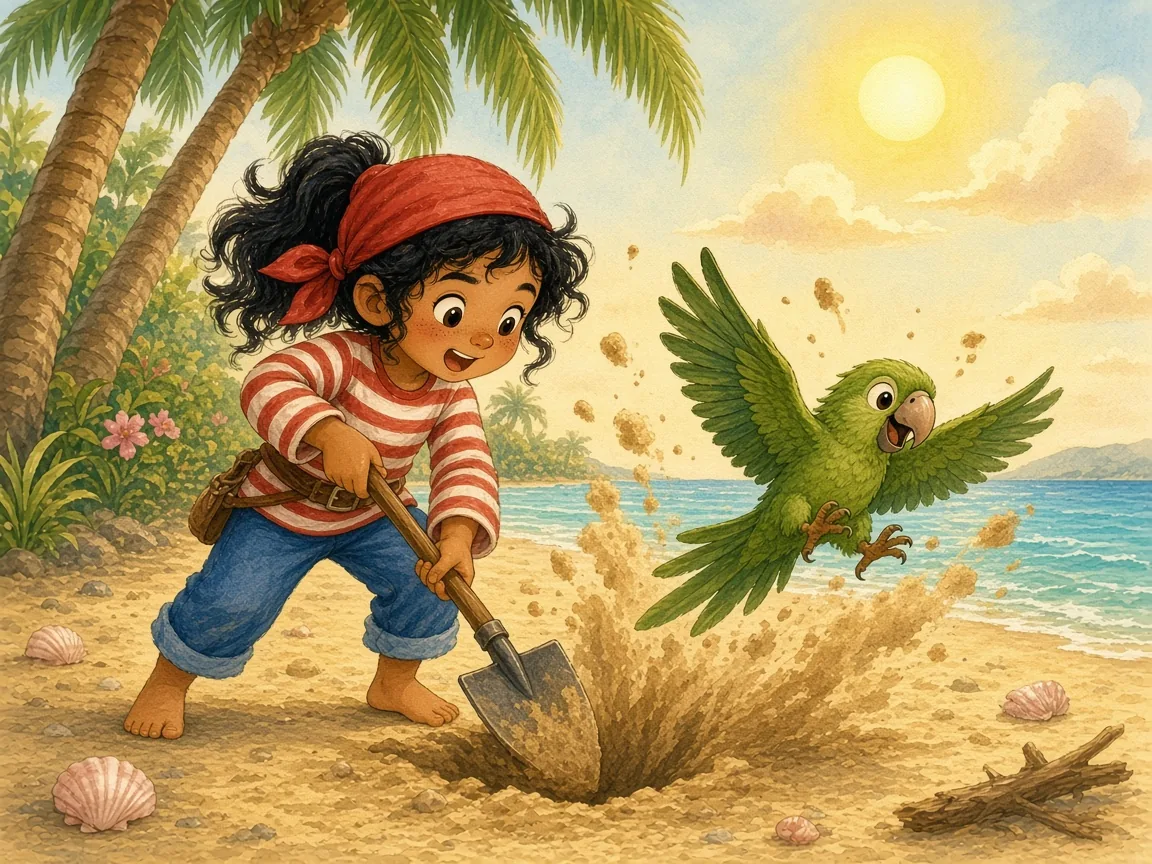 Captain Pip and the Upside-Down Map: pip digging in the sand under three palm trees on a beach with a small spade, Pepper flapping sand everywhere