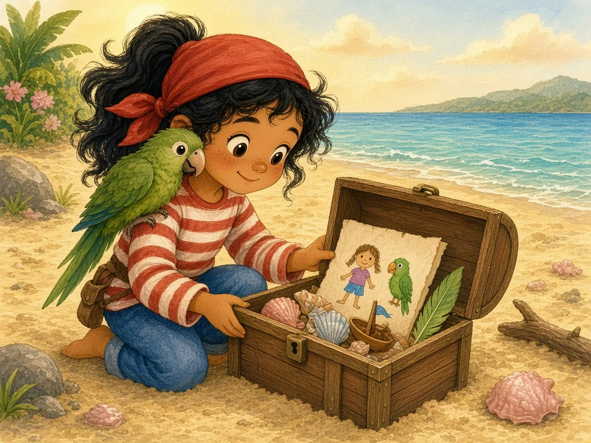 Captain Pip and the Upside-Down Map: an open small wooden chest in the sand holding seashells, a tiny toy boat, a green feather and a child’s crayon drawing of a girl and a parrot