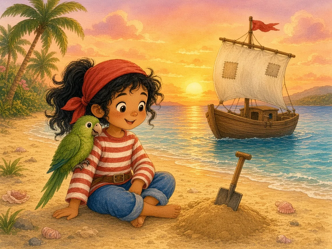 Captain Pip and the Upside-Down Map: pip and Pepper sitting happily on the beach at sunset beside a little mound where the chest is buried again