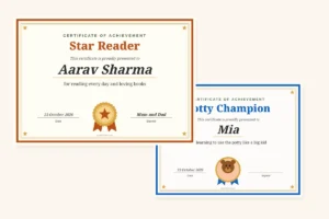 Certificate maker for kids: a Star Reader certificate with a gold seal and a Potty Champion certificate with a photo medal