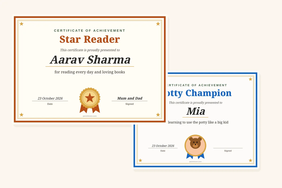 Certificate maker for kids: a Star Reader certificate with a gold seal and a Potty Champion certificate with a photo medal