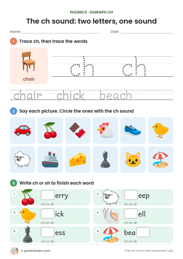 ch digraph worksheet page 1: trace ch and ch words, circle pictures with the ch sound, and finish words with ch or sh