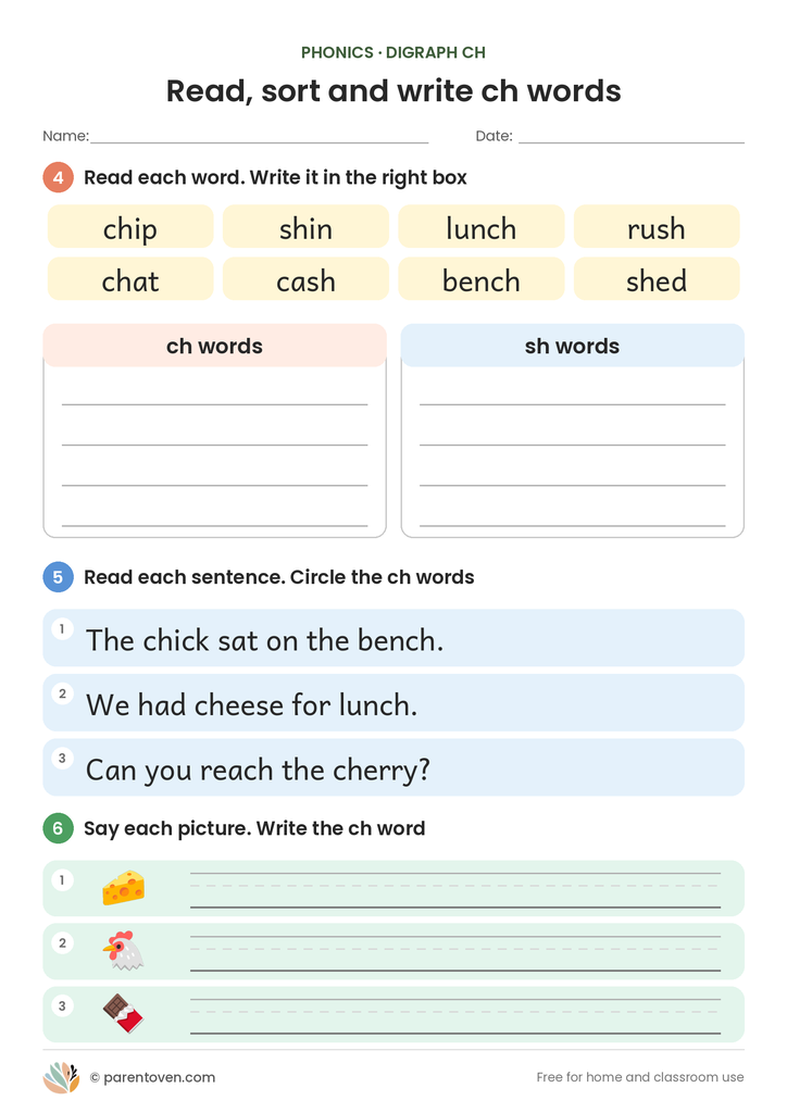 ch digraph worksheet page 2: sort words, read sentences and circle the ch words, and write ch words