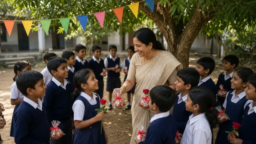 Indian teacher handing red roses and sweets to smiling schoolchildren in uniform under a tree on Children's Day