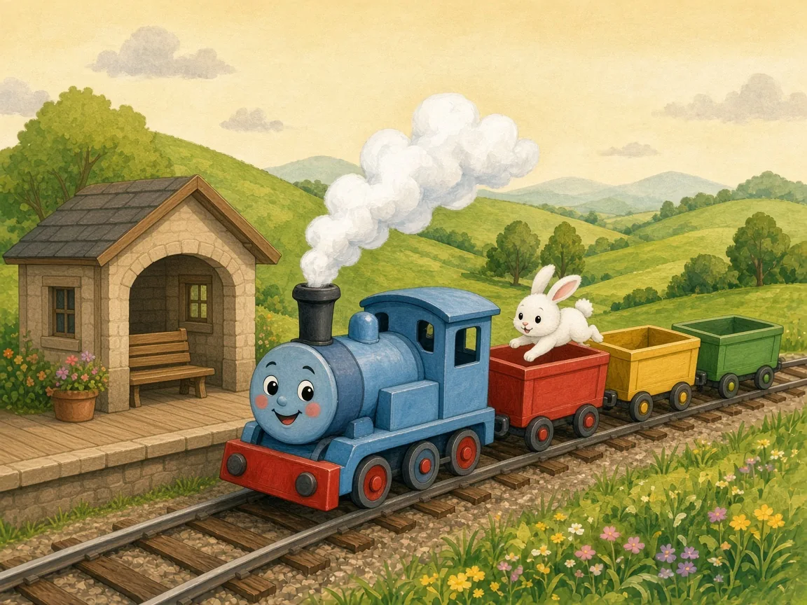 Choo-Choo, Little Train: little Train stopped at a tiny country station while a white bunny hops into the red carriage