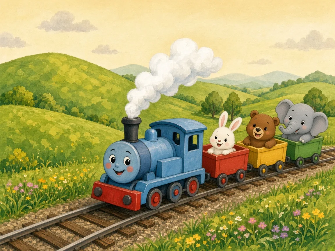 Choo-Choo, Little Train: a big grey elephant comically squeezed into the small green carriage, a bunny and a brown bear laughing in the other carriages