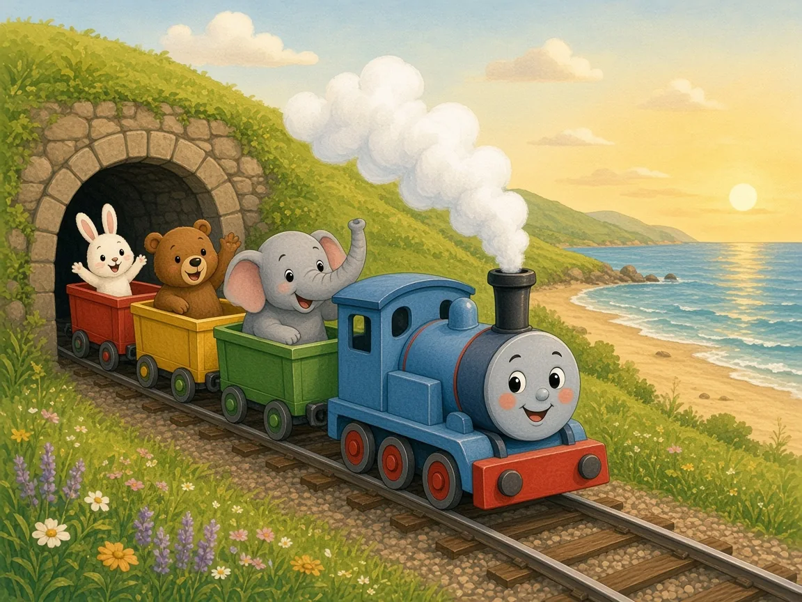 Choo-Choo, Little Train: little Train coming out of a tunnel onto a track beside a sunny beach and blue sea, the bunny, bear and elephant cheering