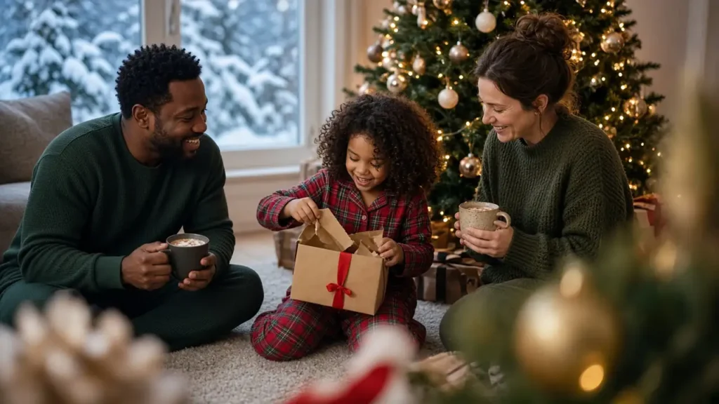 Little girl in plaid pyjamas opening a Christmas present by the tree as her parents watch with mugs of cocoa