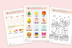 Free printable Christmas worksheets for kids: story sequencing, learn-first word chart and a coloring page