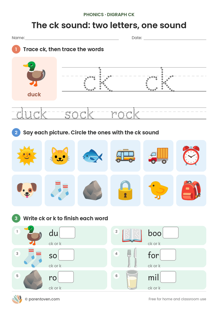 ck digraph worksheet page 1: trace ck and ck words, circle pictures with the ck sound, and finish words with ck or k