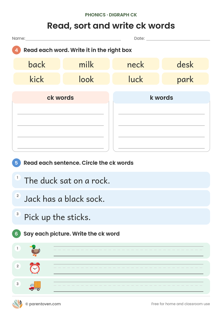 ck digraph worksheet page 2: sort words, read sentences and circle the ck words, and write ck words
