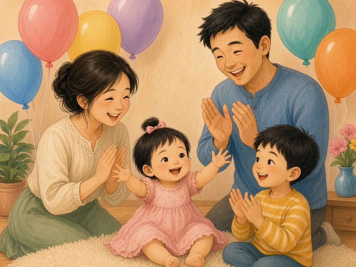 Clap, Clap, Happy Birthday!: baby Mei giggling and batting red, yellow and blue balloons with her hands