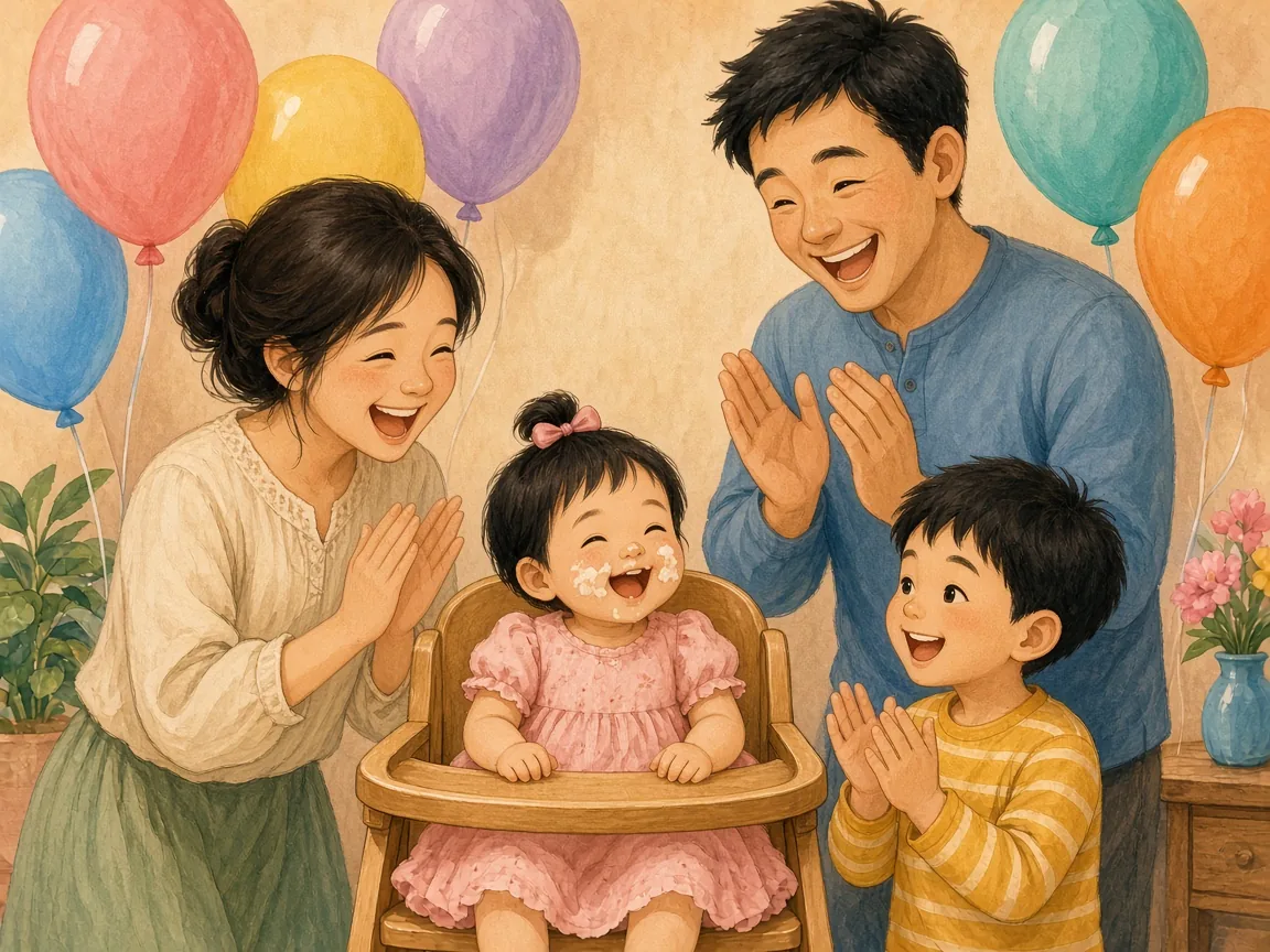 Clap, Clap, Happy Birthday!: baby Mei with cake on her nose and cheeks, laughing, her family laughing with her