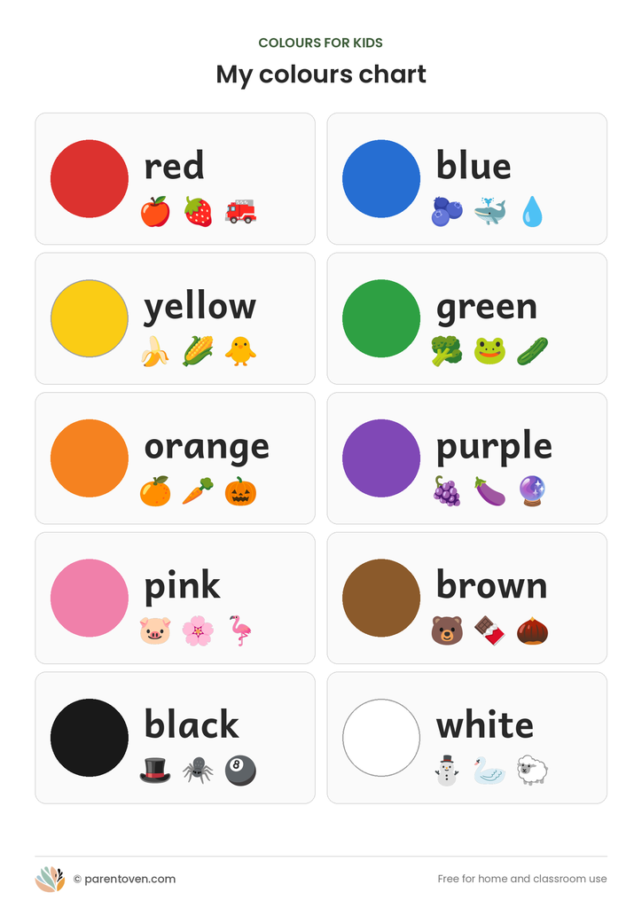 Colours chart for kids with ten colour swatches, colour words and pictures
