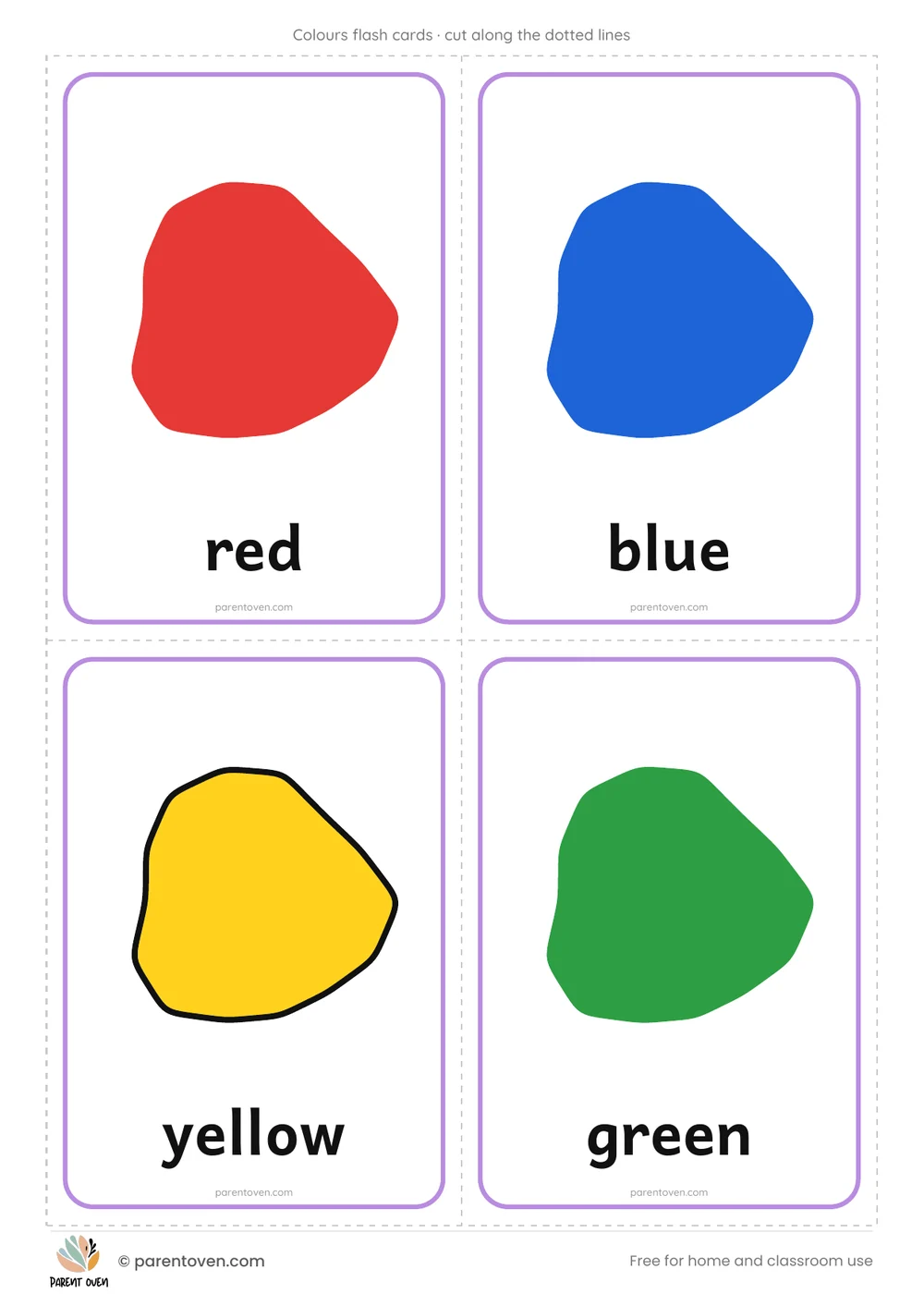 Colours flash cards: 4 cut-out cards per page