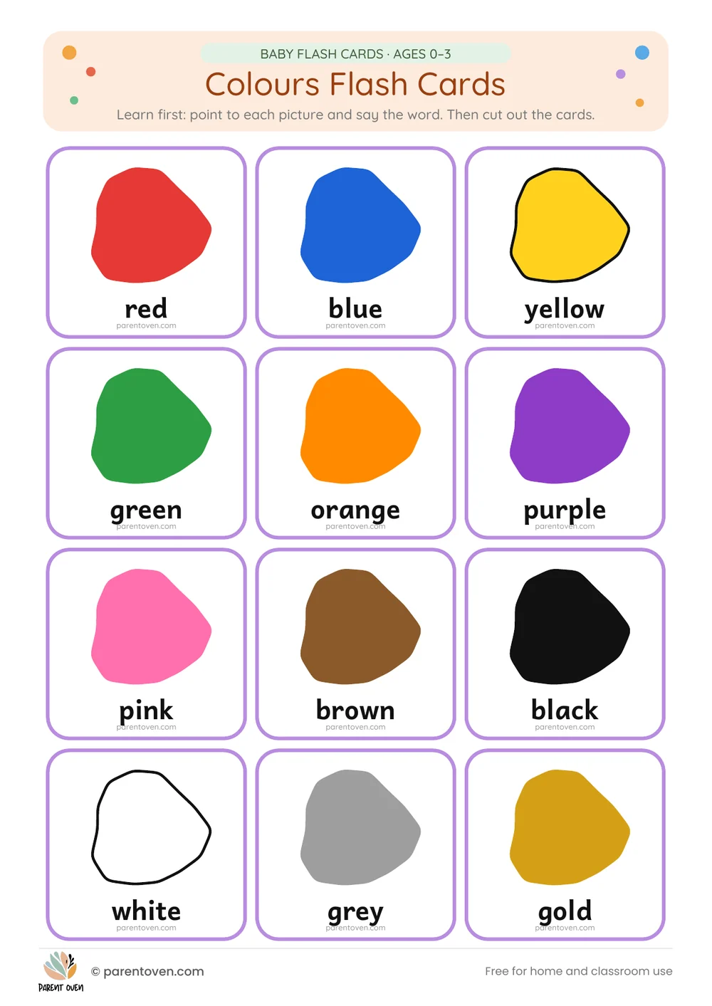 Colours flash cards: learn-first chart of all 12 cards
