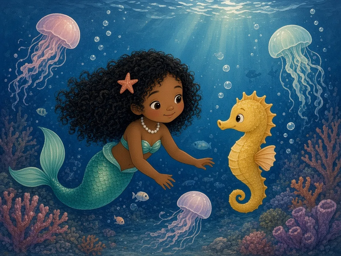 Coral and the Very Loud Whale: coral and Bubbles the seahorse swimming past softly glowing jellyfish into deep blue water