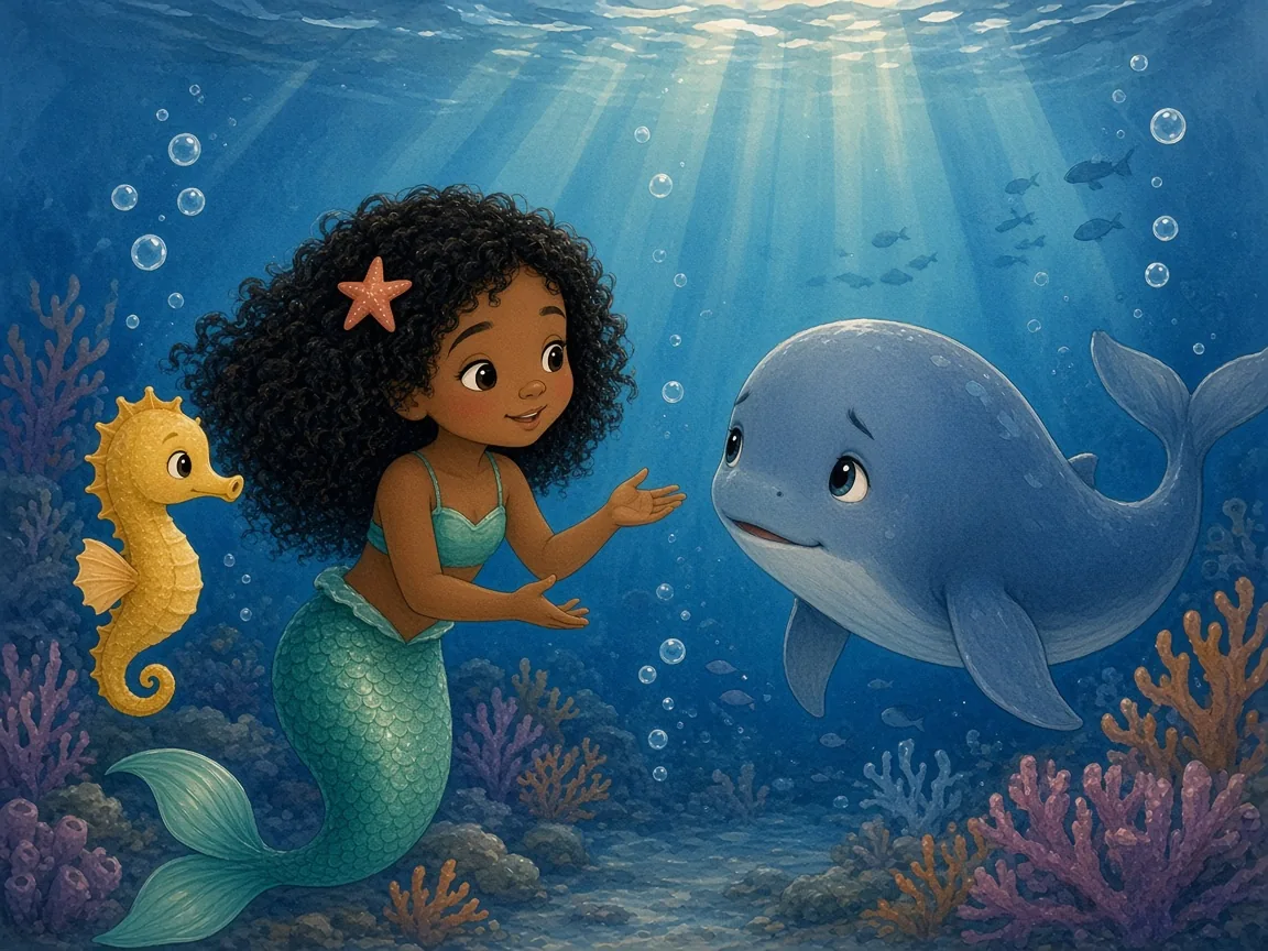 Coral and the Very Loud Whale: coral talking kindly to sad baby whale Wanda in the open blue sea, Bubbles beside her