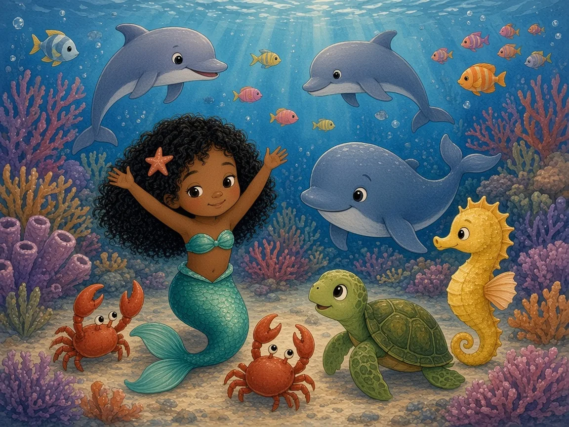 Coral and the Very Loud Whale: reef creatures making music together: crabs clacking claws, dolphins, a green sea turtle tapping his shell, Coral leading them, Wanda nearby