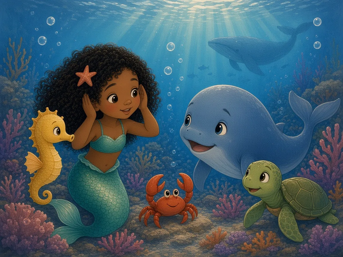 Coral and the Very Loud Whale: everyone on the reef listening quietly, Wanda excited, a faint shadow of a huge whale far away in the blue