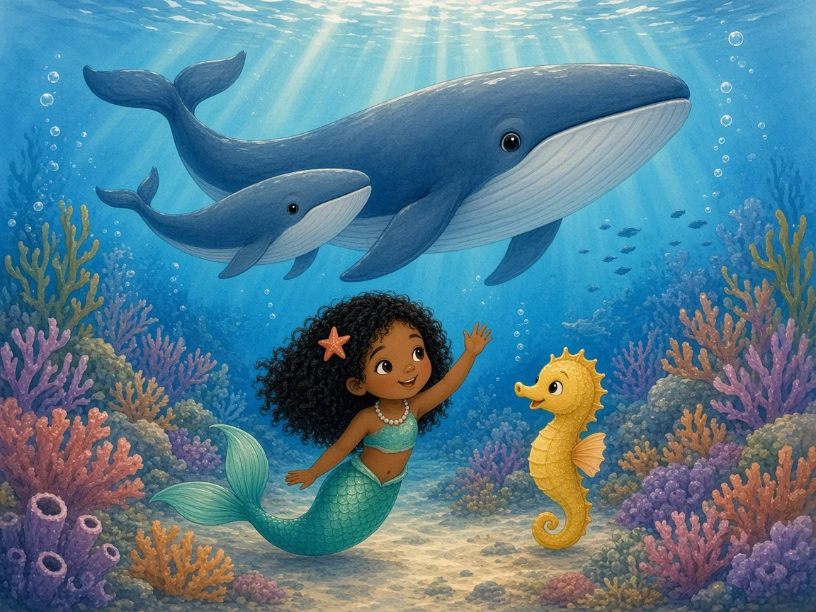 Coral and the Very Loud Whale: a huge mother whale and baby Wanda swimming together above the colourful reef, Coral and Bubbles waving