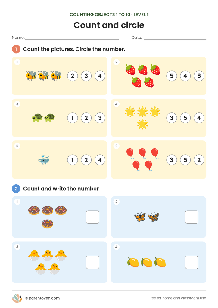 Counting Objects 1 to 10 worksheet level 1: six count-and-circle cards with groups of one to five, and four count-and-write cards