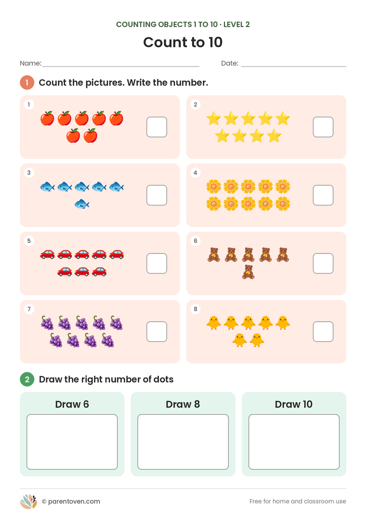 Counting Objects 1 to 10 worksheet level 2: eight count-and-write cards with groups of six to ten and three “draw the dots” boxes for 6, 8 and 10