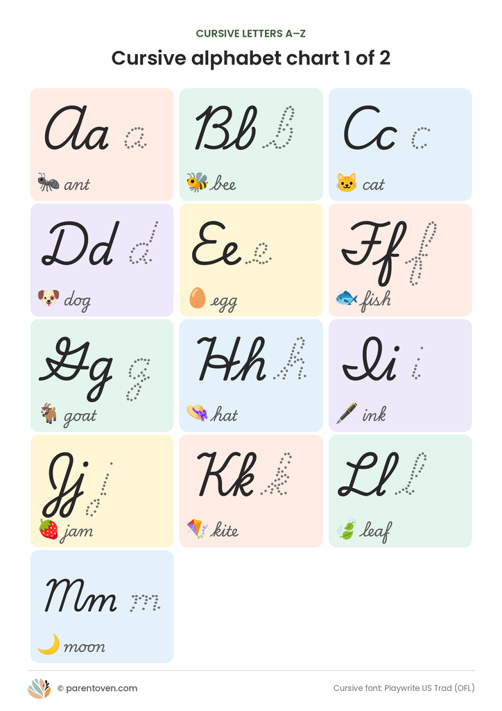 Cursive alphabet chart A to M with uppercase and lowercase cursive letters, a dotted letter to trace and a word for each