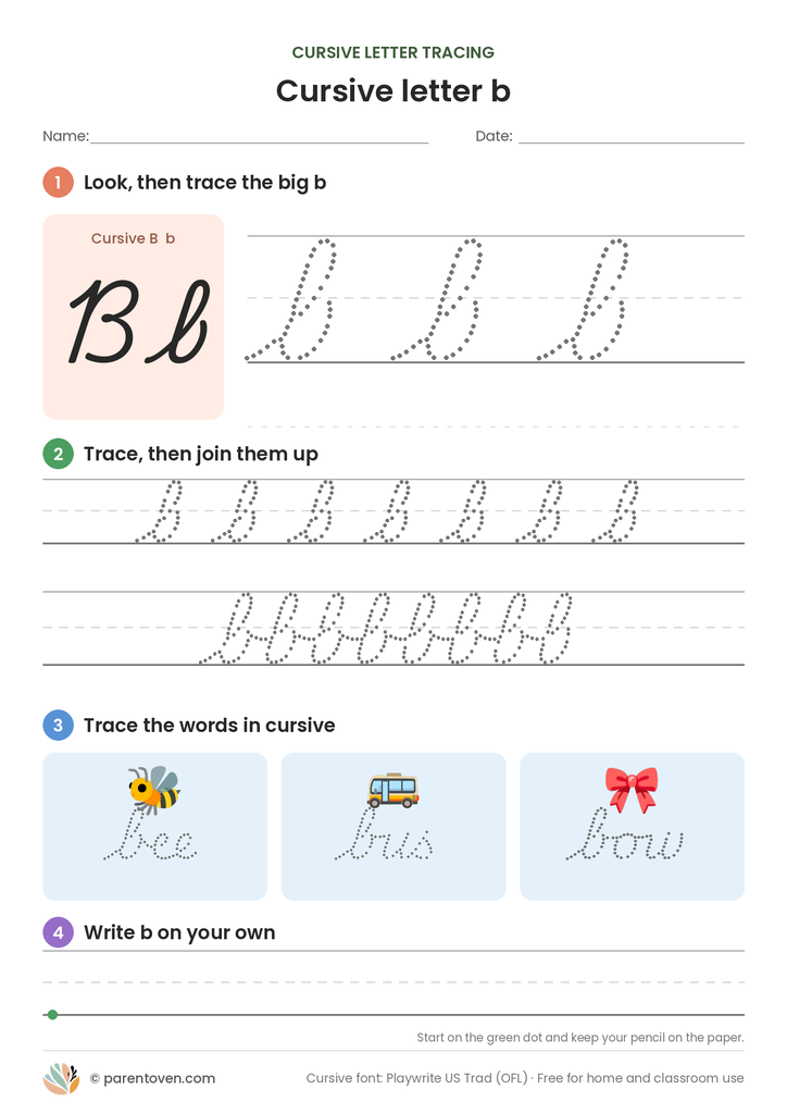 Cursive letter b tracing worksheet: trace a big cursive b, a joined row, the words bee, bus, bow, then write b on your own